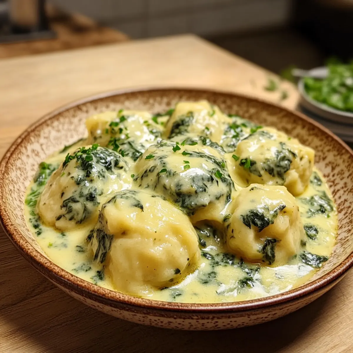 Knödel mit Käse-Spinat-Soße für Herz und Seele